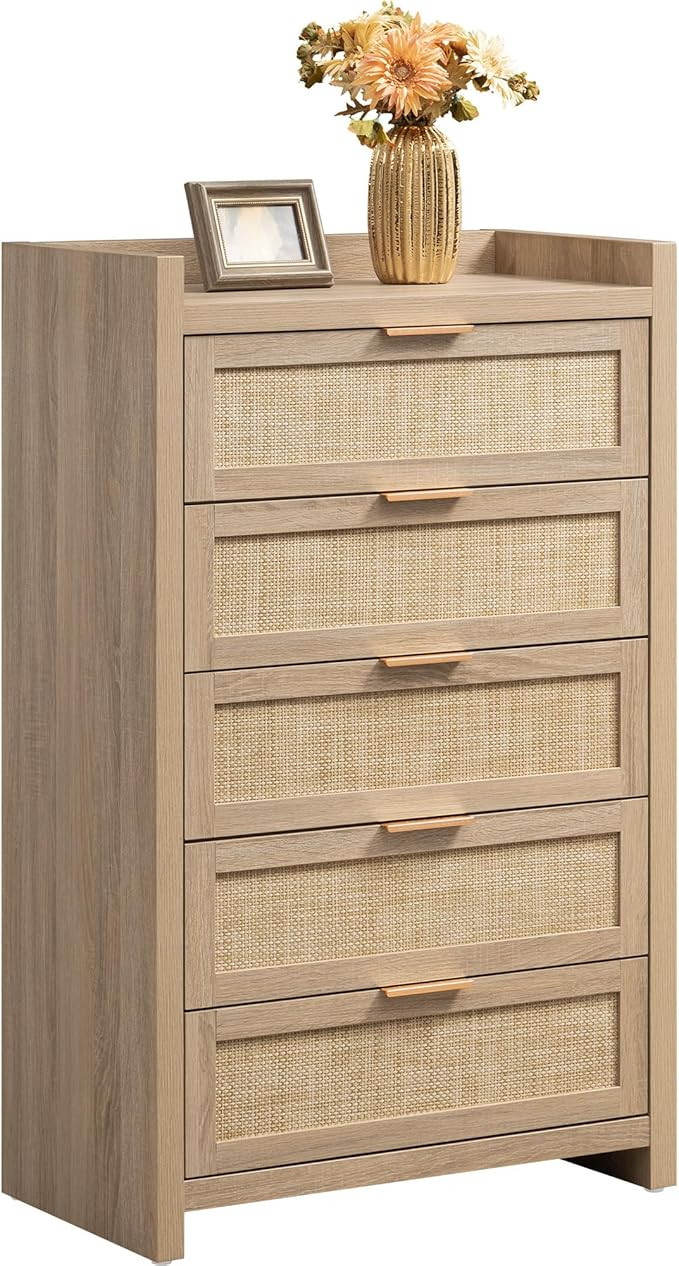 SICOTAS Dresser for Bedroom Chest of Drawers Tall Dresser with 5 Rattan Drawers Wood Dresser for ... | Amazon (US)