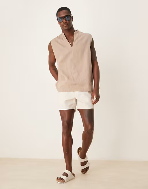 ASOS DESIGN slim shorter length linen blend shorts in stone | ASOS | ASOS (Global)