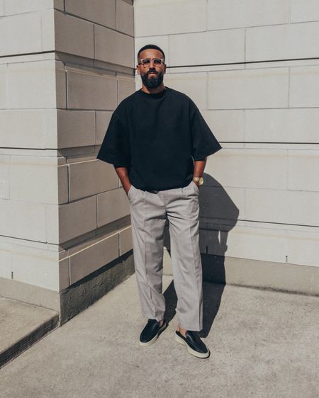 FEAR OF GOD Eternal Collection Overlapped 3/4 Sleeve Sweatshirt in ‘Black’ (size M), 7th Collection Everyday Trouser in ‘Heather Grey’ (size M), and The Loafer in ‘Black Leather’ (size 41). FEAR OF GOD x BARTON PERREIRA glasses in ‘Matte Taupe’. A relaxed and elevated men’s look that is perfect for a date night, a formal event or office wear. Linked similar items where items are currently sold out. 

#LTKworkwear #LTKstyletip #LTKmens