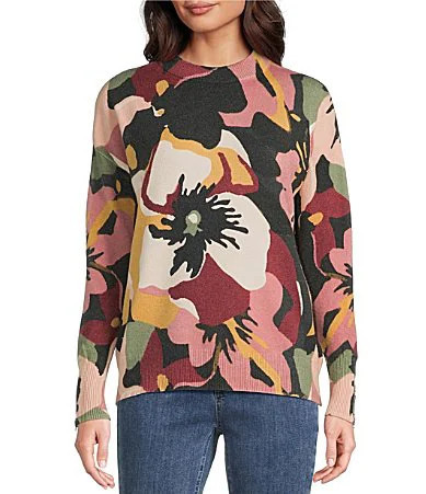 Charlie B. Floral Print Crew Neck Long Sleeve Sweater - M | Dillard's