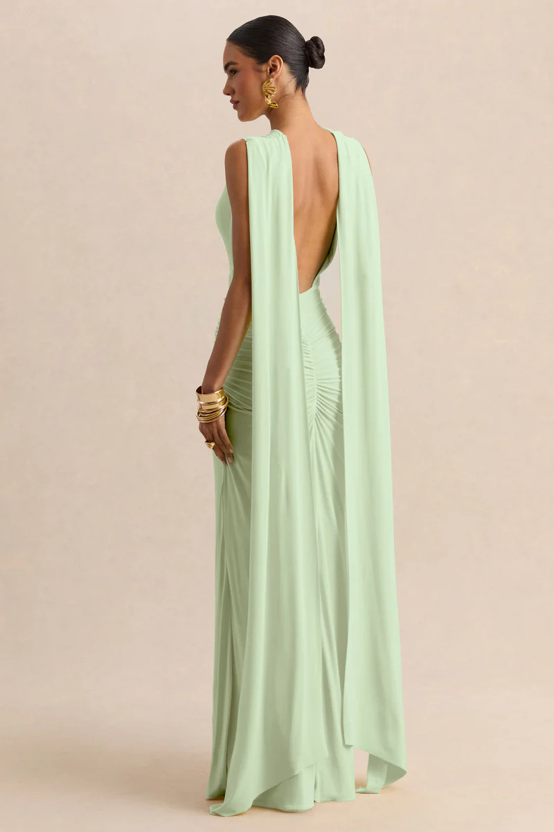 Premiere  Mint Boat-Neck Maxi Dress With Cape-Sleeves And Open-Back | Club L London