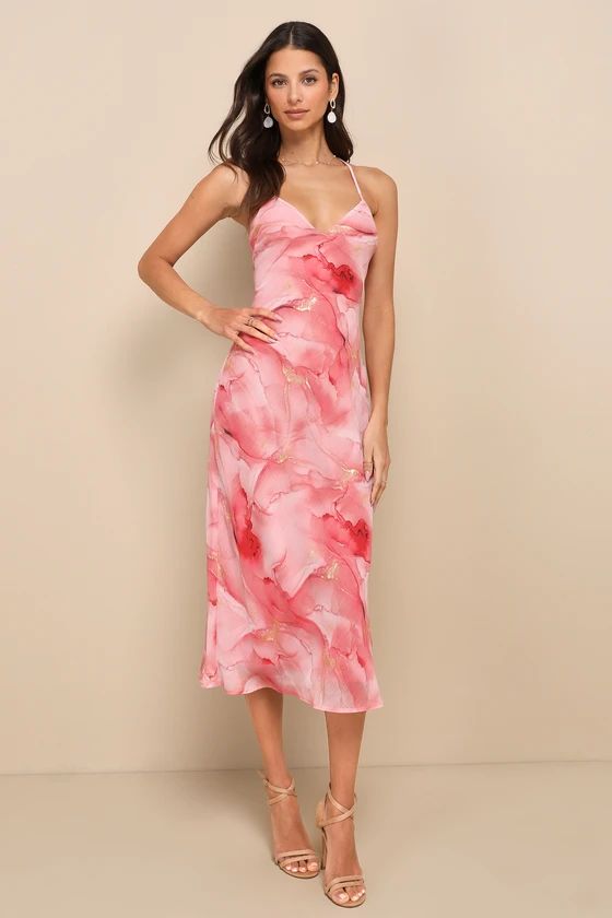 Bright Charm Pink Abstract Print Chiffon Slip Midi Dress | Lulus