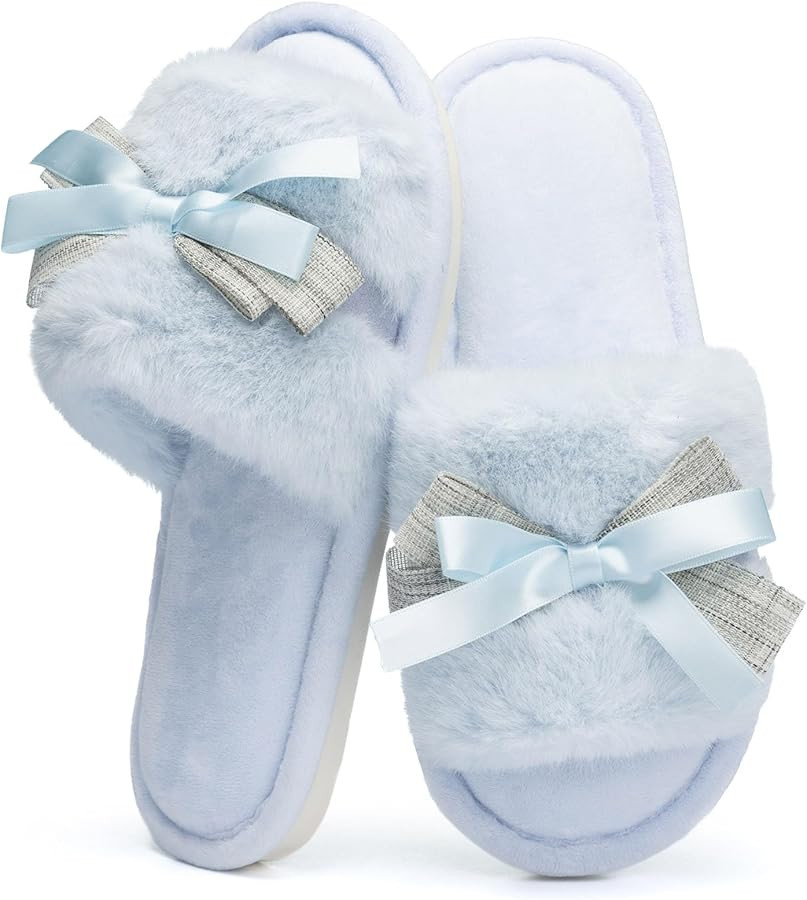 Cute Bow Slippers for Women with Memory Foam Open Toe Fuzzy House Slippers indoor outdoor Anti-Sk... | Amazon (US)