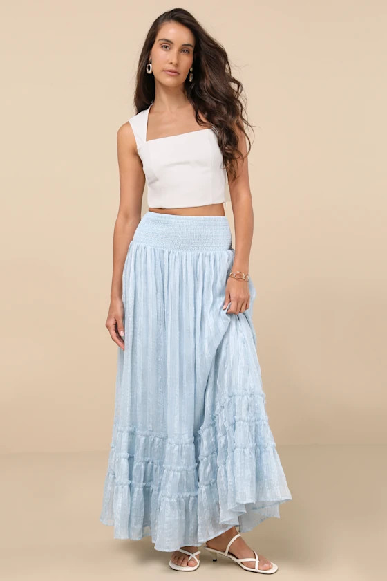 Sunny Baby Light Blue Smocked Tiered High-Waisted Midi Skirt | Lulus