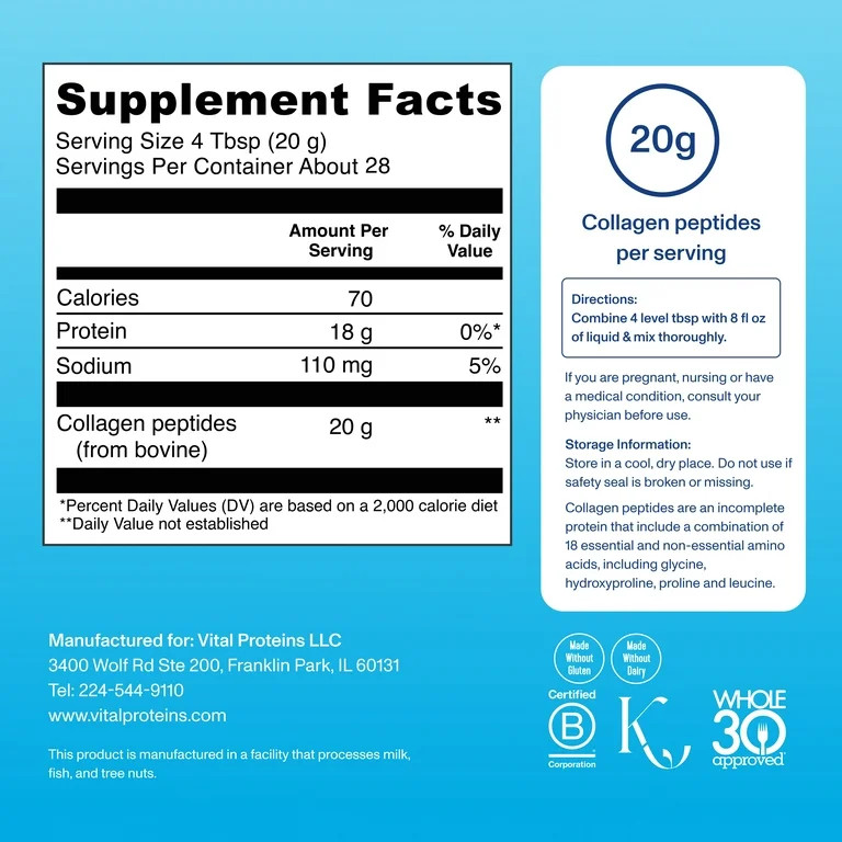 Vital Proteins Collagen Peptides Powder Supplement for Hair, Skin, and Nails, Unflavored, 20 oz -... | Walmart (US)