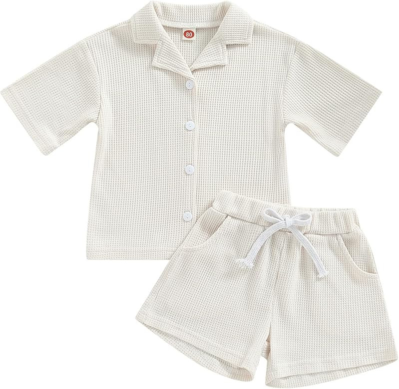 Hoanselay Baby Boy Cotton Linen Shorts Set Solid Color Short Sleeve Button Down T-Shirt Tops and ... | Amazon (US)