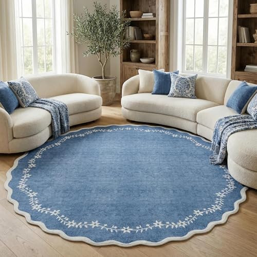 GarveeHome Scalloped Round Area Rugs 8ft for Living Room, Large Solid Navy Washable Circle Rug Soft Non Slip Floral Print Floor Mat Carpet Indoor Thin Rug for Bedroom Dining Room Playroom Nursery | Amazon (US)