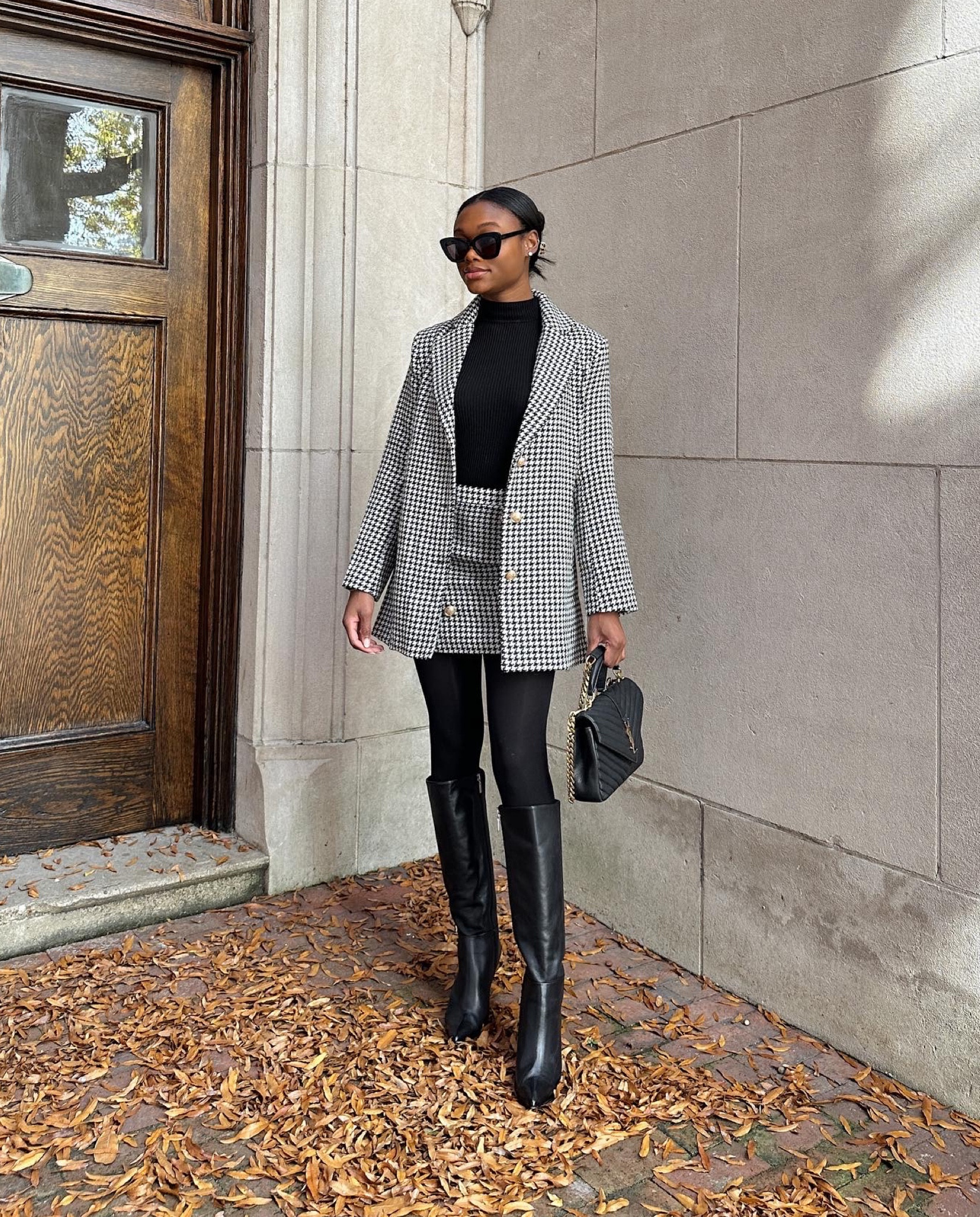 Tweed skirt outfit, tweed blazer, black knee high boots, YSL bag, Thanksgiving outfit inspiration  

#LTKunder100 #LTKHoliday #LTKworkwear