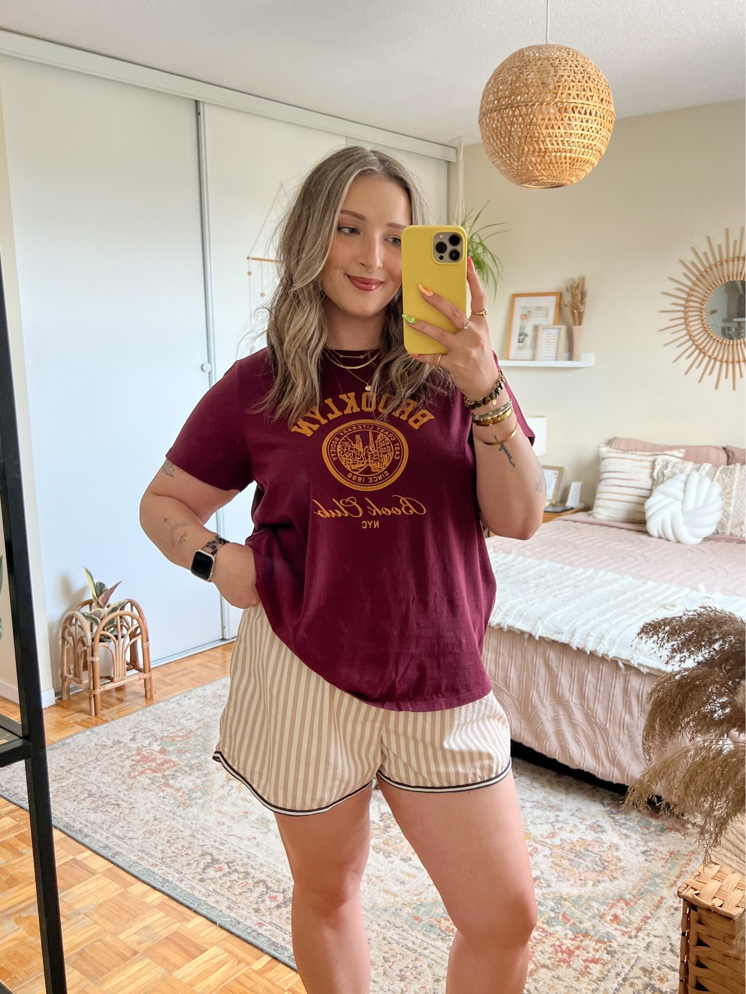Comfy summer outfit!! @oldnavy #oldnavypartner 50% off online only! Sized up to XL in the graphic tee (love this color for heading into fall)! Wearing my usual size L in the boxer shorts. Canadian links are under “similar products”

#LTKsummer #LTKsale #LTKmidsize