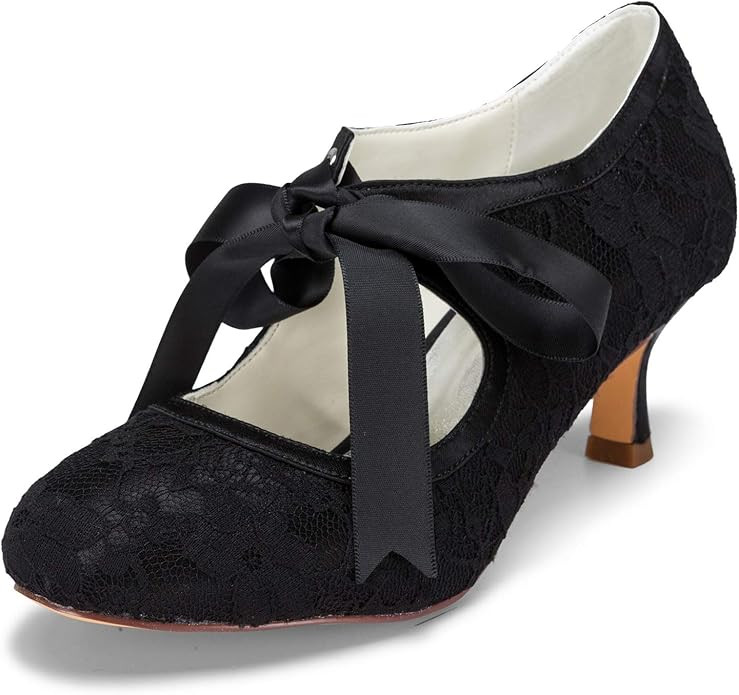 JIAJIA 140311 Women's Bridal Shoes Closed Toe Stiletto Heel Lace Satin Pumps Ribbon Tie Wedding S... | Amazon (US)