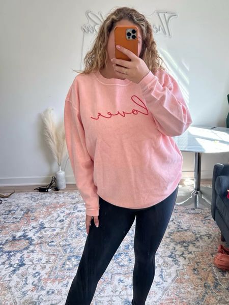 Valentine’s Day comfy casual outfit with pink corded lover sweatshirt from pink lily and spanx leggings, pink lily Valentine’s Day outfit 

#LTKSeasonal #LTKstyletip #LTKmidsize