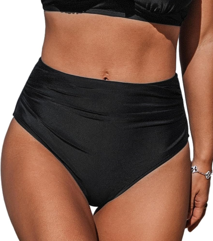 CUPSHE Womens Swimsuit Bikini Bottom High Waisted Bathing Suit Ruched Full Coverage | Amazon (US)