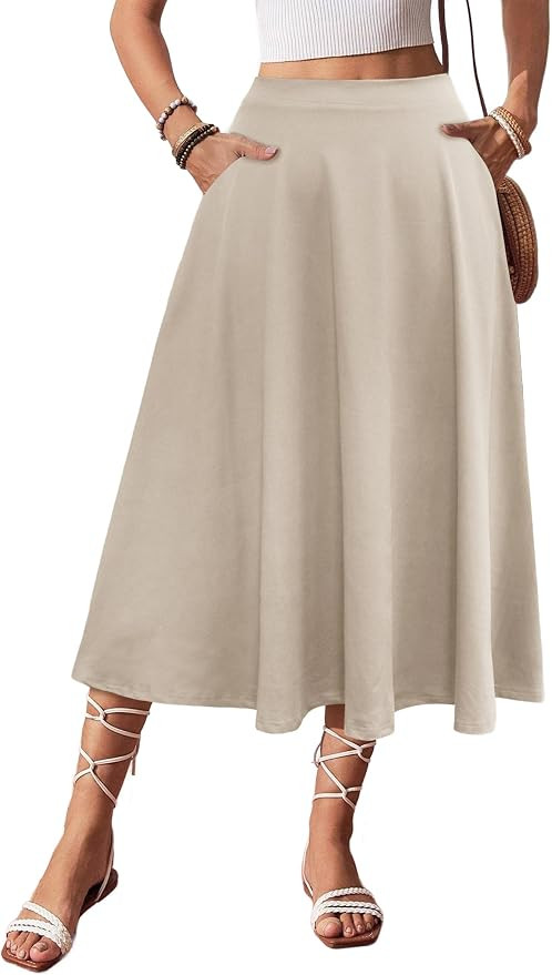 POPZONE Women Midi Skirt A Line Flowy Flared Casual Skirt with Pocket | Amazon (US)