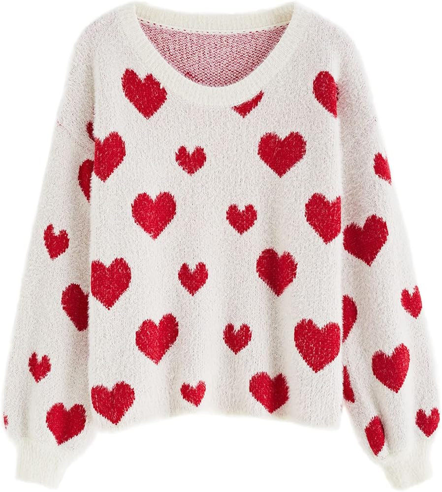 CHICWISH Women's Comfy Casual Pink Fuzzy Hearts Knit Sweater Pullover Sweatershirt | Amazon (US)