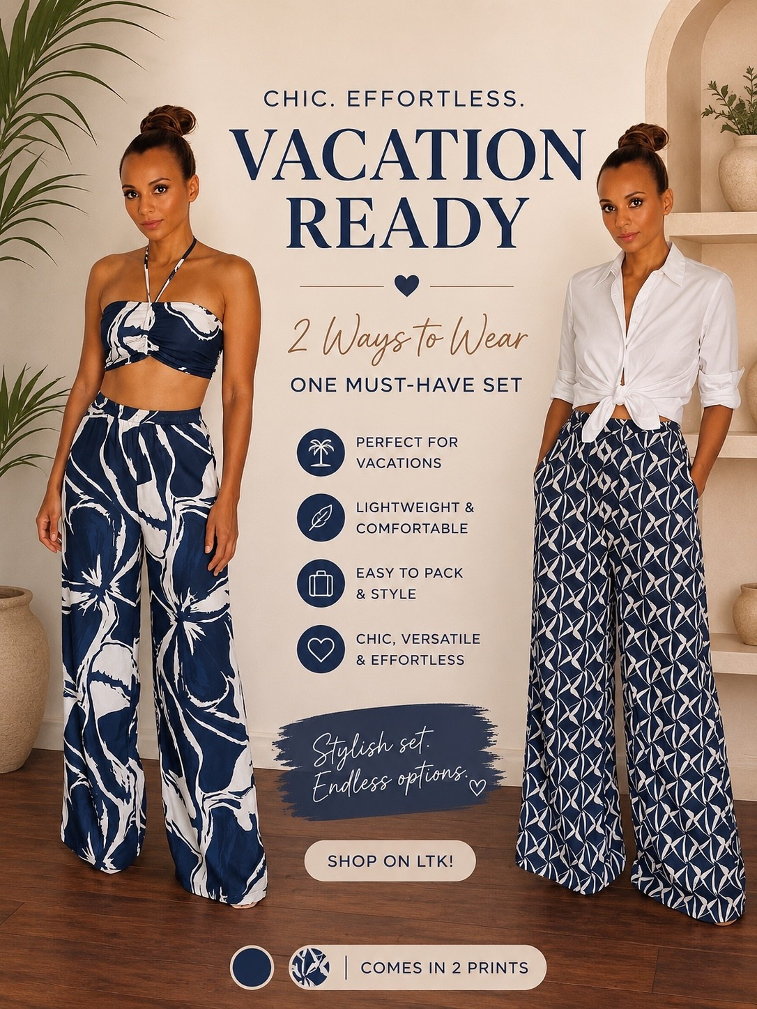 Vacation style made easy 💙✨

One statement set, endless ways to wear! Whether you style it as a matching bandeau set or pair the printed pants with a classic white shirt, this look is effortlessly chic for your next getaway.

🌴 Two ways to wear
💙 Lightweight & travel-friendly
☀️ Perfect for vacations, cruises & resort dinners
✨ Stylish, comfortable, and easy to pack

Shop this versatile vacation look and more of my favorites on LTK!

#LTKStyle #VacationOutfit #ResortWear #MatchingSet #VacationFashion #SummerStyle #TravelOutfit #EffortlessStyle #BeachVacation #LTKFinds

#LTKootd #LTKSaleAlert #LTKTravel
