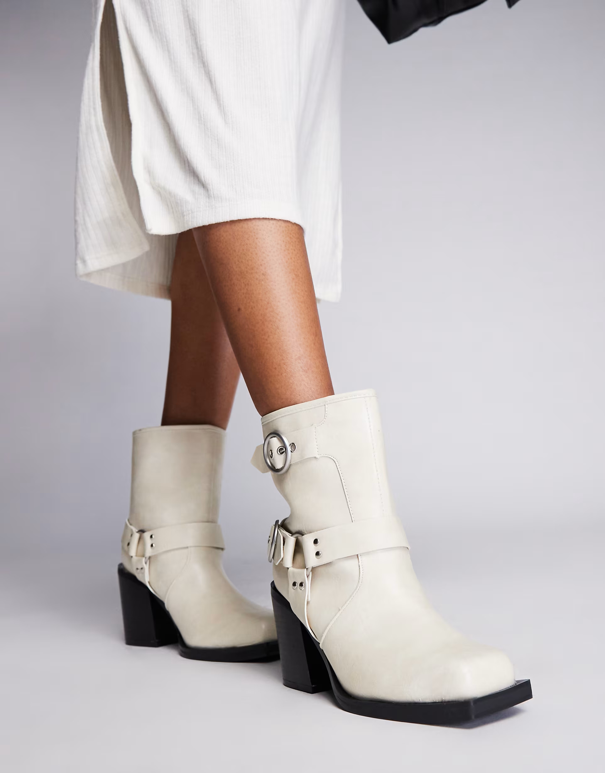 Public Desire Wide Fit Freak heeled ankle biker boot in cream | ASOS (Global)