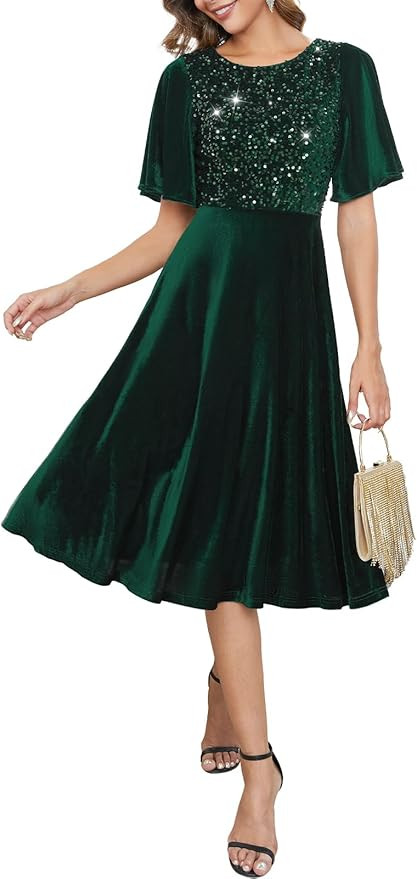 Meetjen Women's Velvet Dress Crew Neck Fall Wedding Guest Dress Elegant Short Sleeve Midi Sequin ... | Amazon (US)