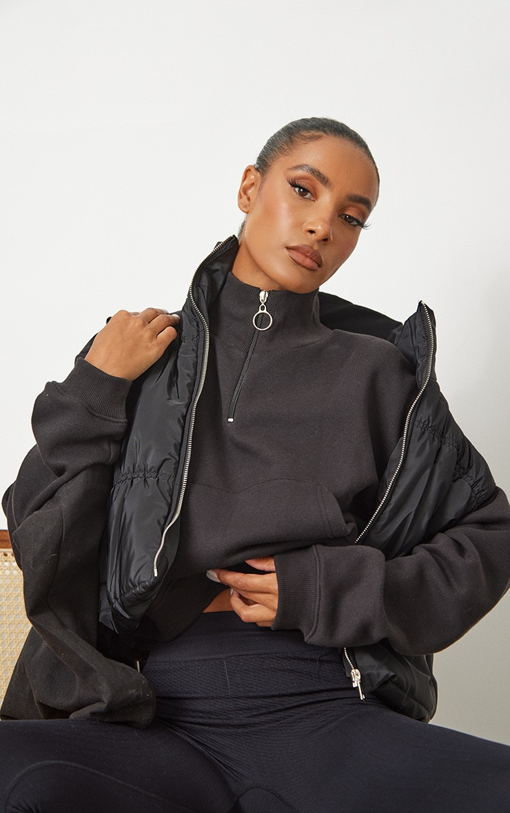 Black Half Zip High Neck Crop Sweat | PrettyLittleThing US