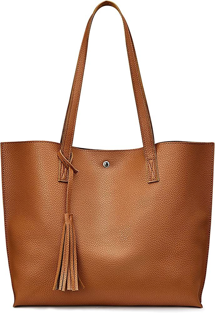 S-ZONE Women Genuine Leather Tote Bag Big Shoulder Purse Soft Handbag with Tassel | Amazon (US)