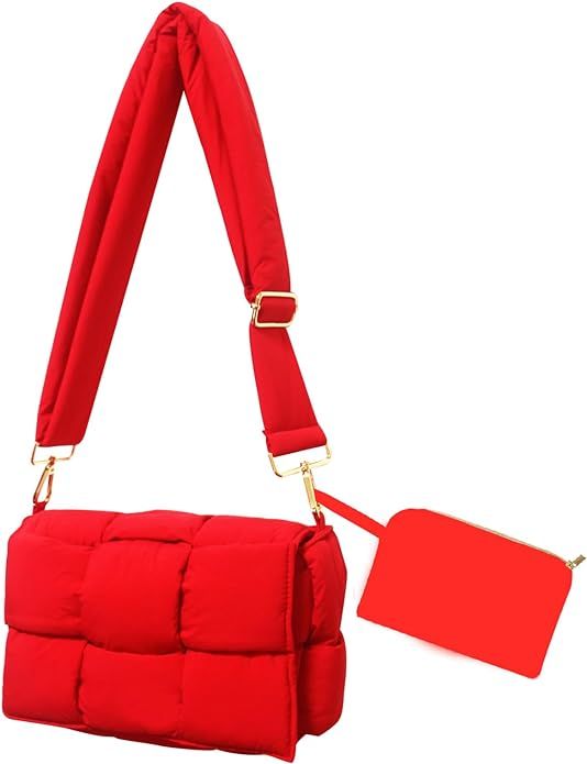 NAARIIAN Puffer woven shoulder bag padded cassette handbag with coins organizer nylon light weigh... | Amazon (US)
