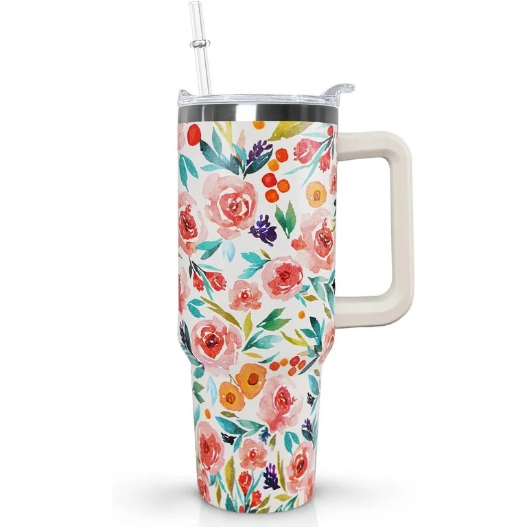 Flower Tumbler with Handle Lid and Straw,40 Oz Watercolor Rose Bouquet Floral Tumbler Water Bottl... | Walmart (US)