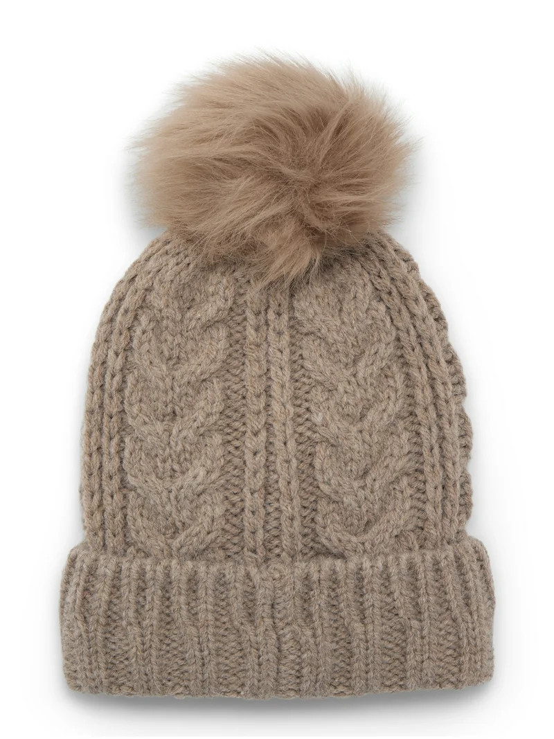 Time and Tru Women's Cable Pom Cuff Beanie, One Size Fits Most, Toasted Heather | Walmart (US)
