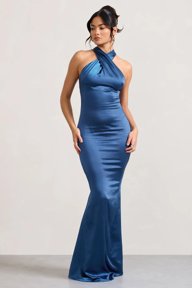 Unstoppable | Navy Satin Cross Over Halterneck Maxi Dress | Club L London