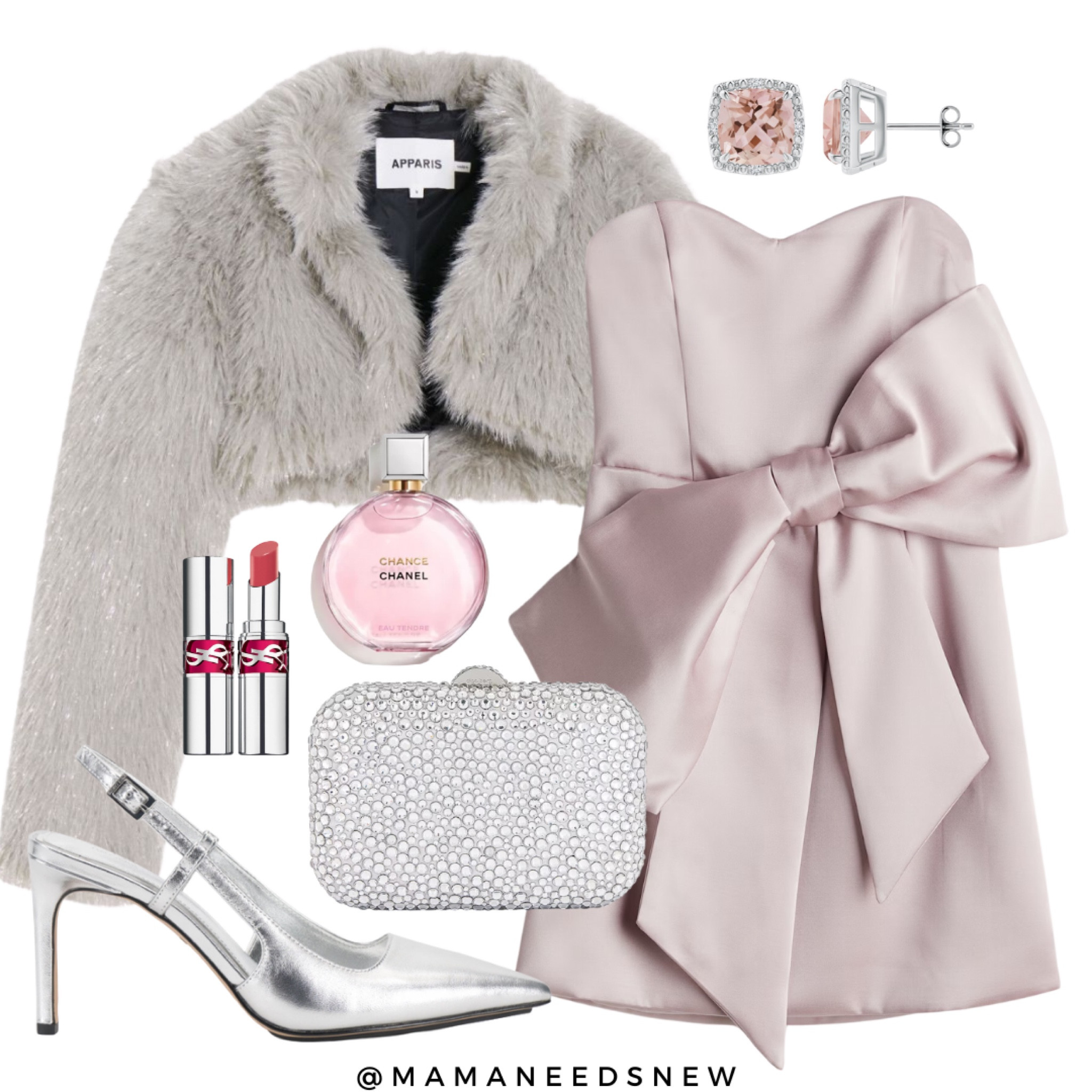 A holiday party outfit in pink and silver with snow front dress, faux fur shrug jacket, clutch and heels 🩷

#LTKHoliday #LTKParties #LTKSaleAlert