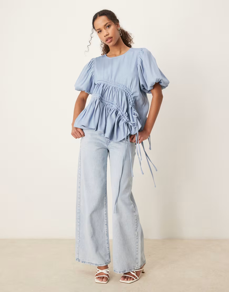 Ghospell ruched asymmetric top in baby blue | ASOS (Global)