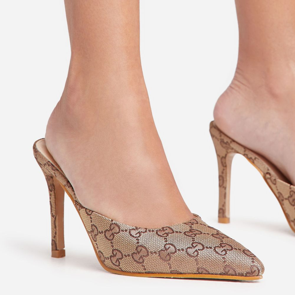 Pilar Printed Detail Pointed Toe Heel Mule In Brown Fabric | EGO (UK)