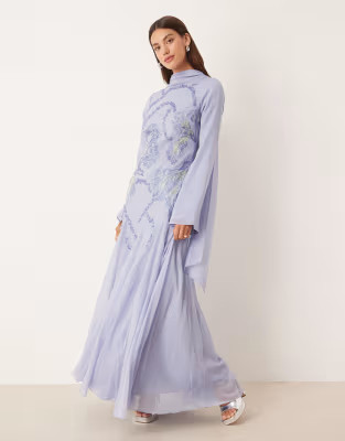 ASOS DESIGN high neck embroidered maxi dress with embellished beading and full godet skirt in blu... | ASOS (Global)