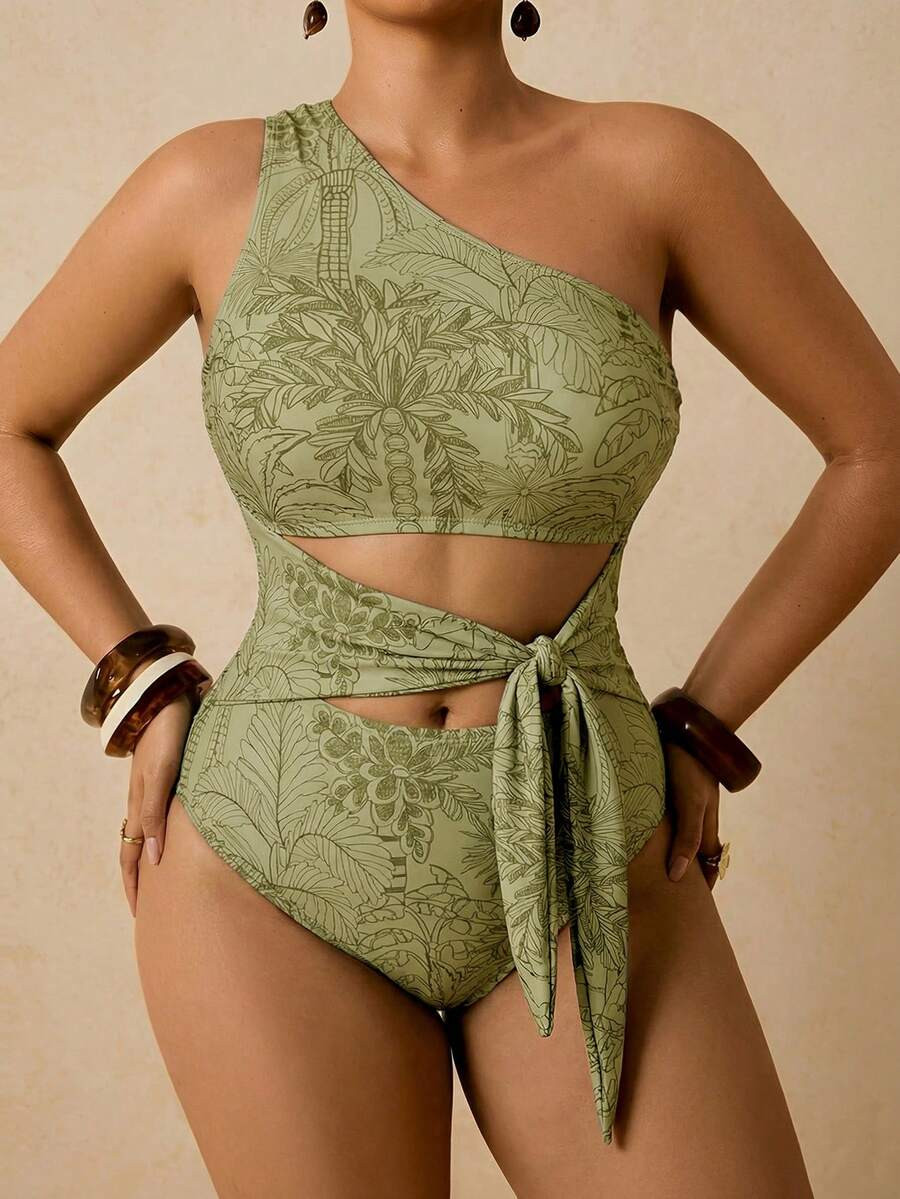 Travachic Plus Size Tropical Green Plant Print Asymmetric Neck Hollow Out Tie-Front One-Piece Swi... | SHEIN