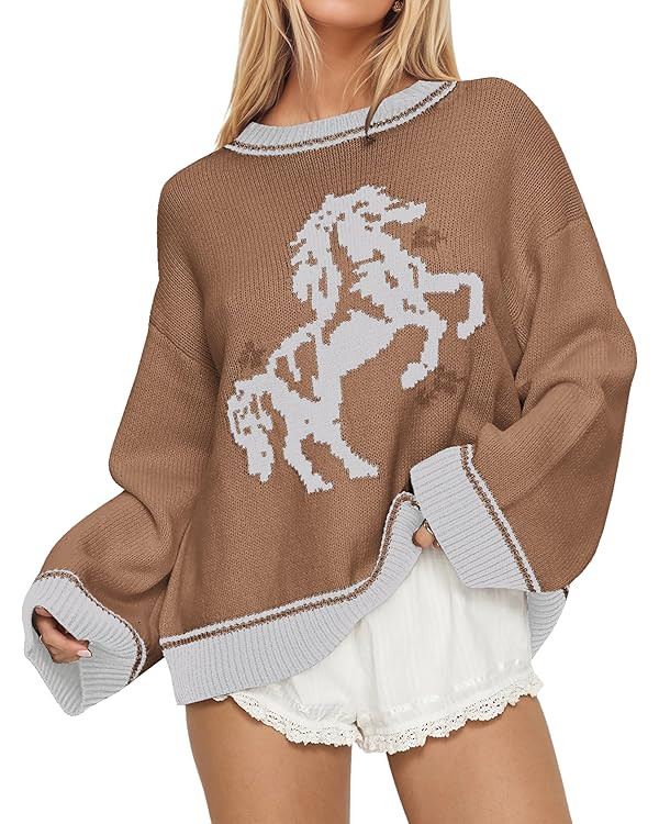Crew Neck Oversized Sweater for Women Y2k Long Sleeve Sweaters Horse Graphic Knit Pullover Trendy... | Amazon (US)