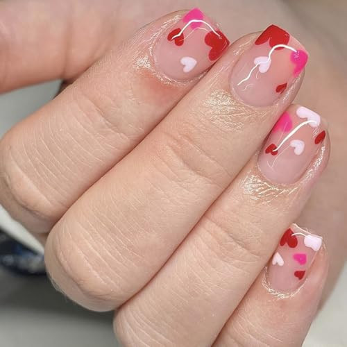 Heart Press on Nails Short Square Fake Nails Valentines Day Nails Press ons with Red Pink Heart Design Full Cover Stick on Nails for Women Manicure,Reusable | Nail Sticky Tabs | Easy Apply | 24Pcs | Amazon (US)