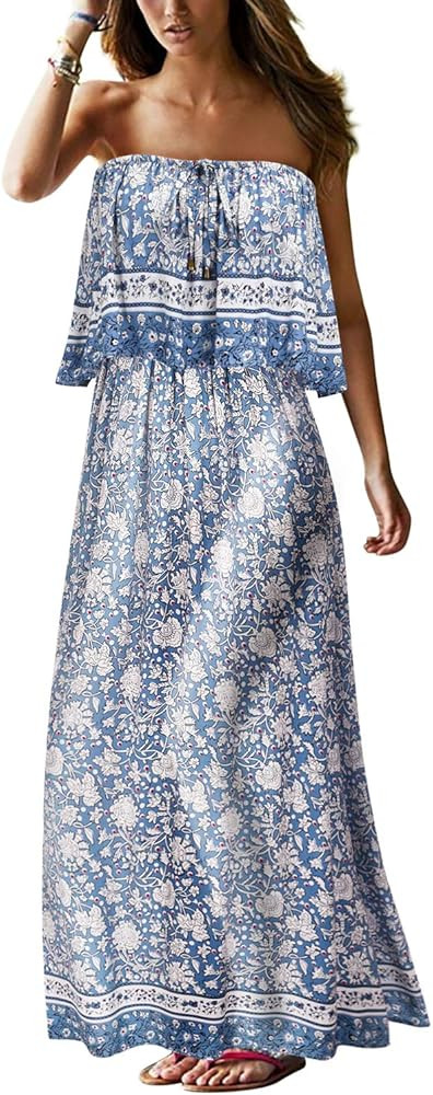 UIMLK Women's Summer Strapless Maxi Dress Long Beach Boho Floral Printed Vacation Dresses | Amazon (US)