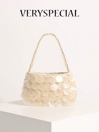 1pc Beige Natural Shell Slice Decor Women's Handbag, Boho Handmade Mermaid Shell Slice Vacation S... | SHEIN