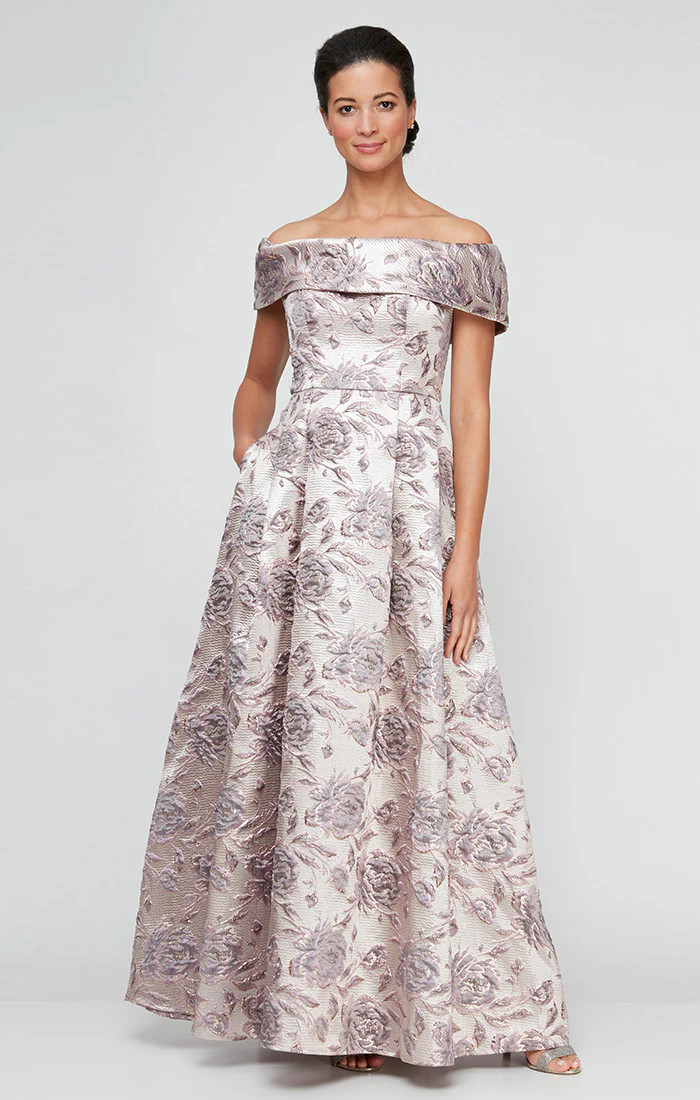 Floral Metallic Brocade Off-the-Shoulder Ballgown with Pockets | Alex Evenings