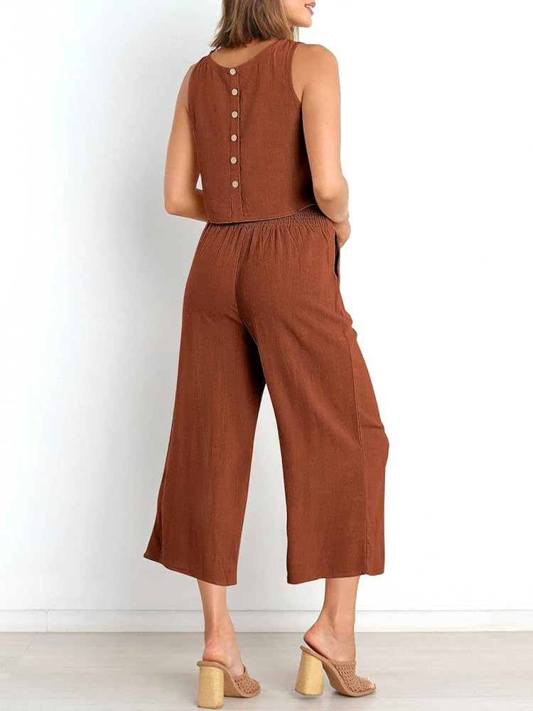ANRABESS Women's Summer 2 Piece Outfits Sleeveless Tank Crop Button Back Top Cropped Wide Leg Pants  | Amazon (US)