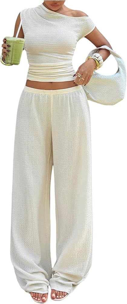 SOLY HUX Women's Summer 2 Piece Outfits Off the Shoulder Ruched Tops and Wide Leg Pants Matching ... | Amazon (US)