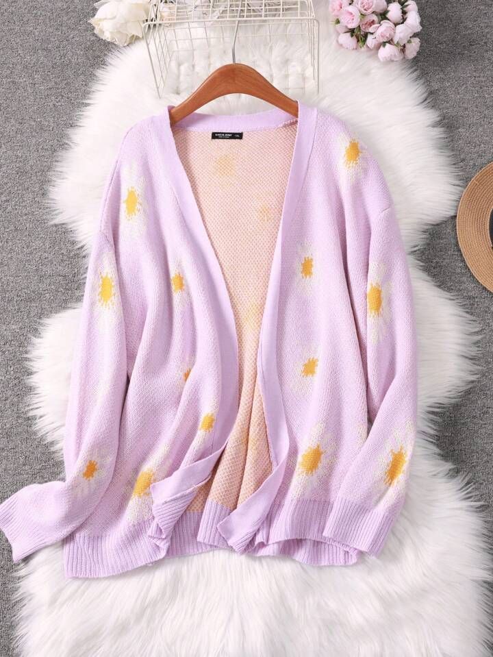 SHEIN Qutie Plus Size Daisy Pattern Knitted Cardigan | SHEIN