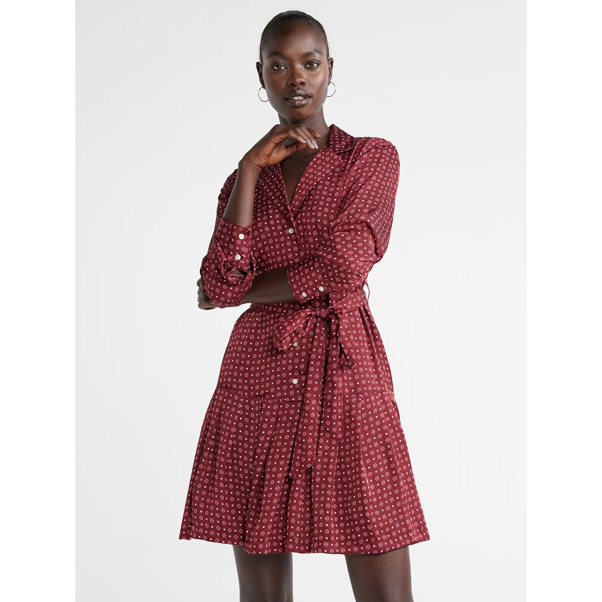 Free Assembly Women's Pleated Mini Shirtdress with Long Sleeves, Sizes XS-XXXL | Walmart (US)