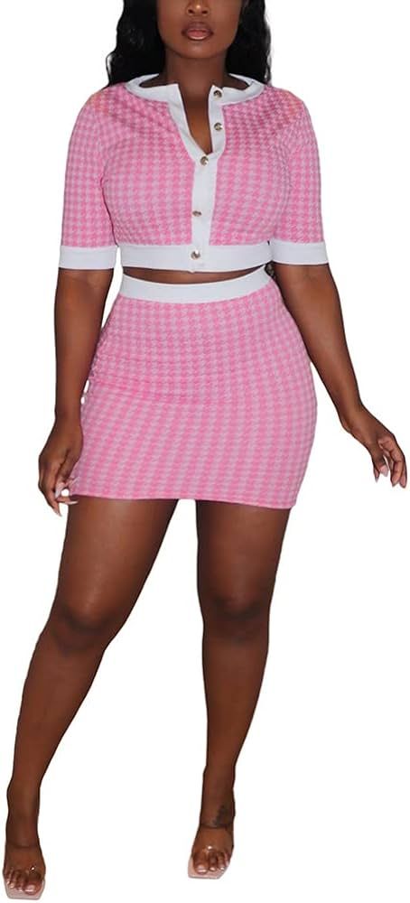 THALI Womens Casual Plaid 2 Piece Outfits Long Sleeve Jacket Crop Top Bodycon Mini Skirt Set Plaid S | Amazon (US)