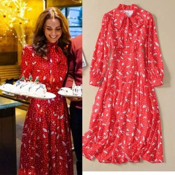 Kate Middleton Red Midi Patterned Dress Duchess of Cambridge | Etsy | Etsy (US)