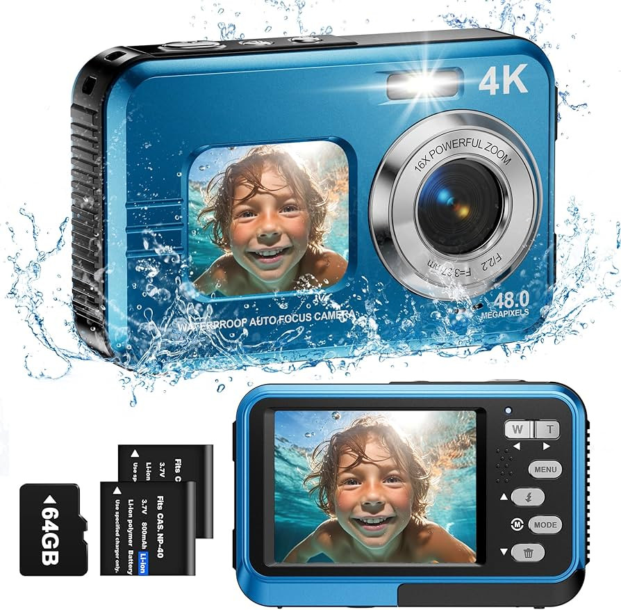 Underwater Camera, 4K Waterproof Camera with 64GB Card 48MP Autofocus Selfie Dual Screens 11FT Un... | Amazon (US)