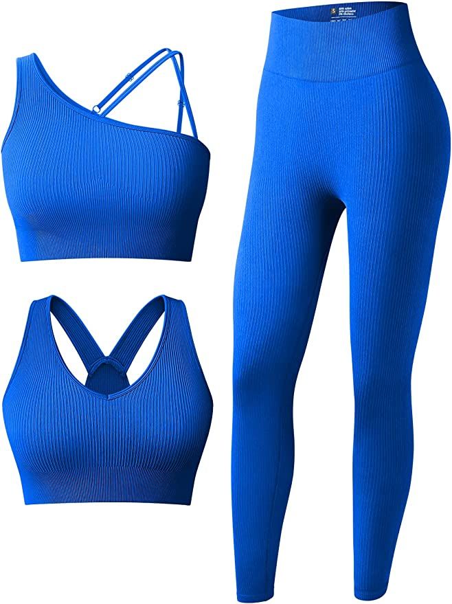 OQQ Women's 3 Piece Outfits Ribbed Seamless Exercise Scoop Neck Sports Bra One Shoulder Tops High... | Amazon (US)