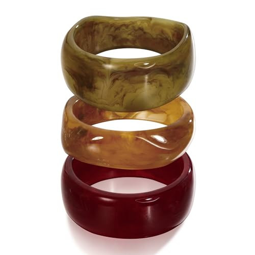 WOWORAMA 3Pcs Acrylic Chunky Bangle Bracelets Set for Women Stackable Chunky Statement Bracelets Fall Color Marble Resin Bangles Wide Irregular Plastic Bracelet | Amazon (US)