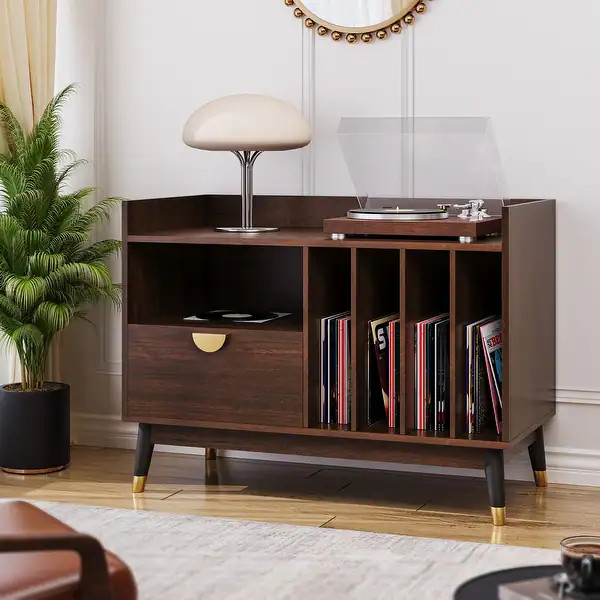 Wooden Media Console Record Player Storage Cabinet with 4 Vertical Partition Boards | Bed Bath & Beyond