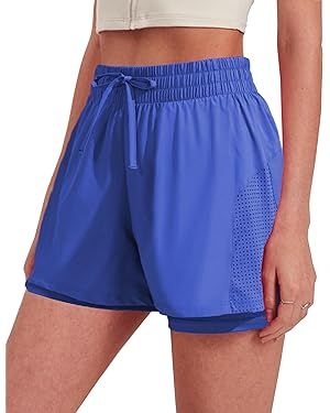 PINSPARK Athletic Shorts for Women 2 in 1 Workout Shorts High Waisted Running Short Gym Quick Dry... | Amazon (US)