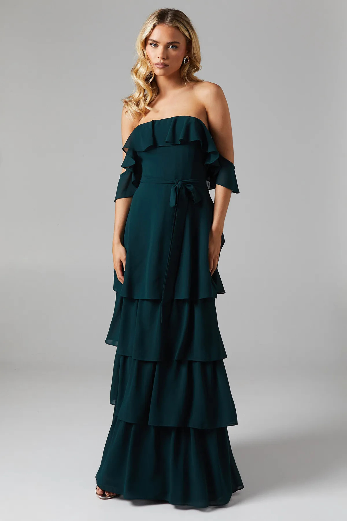 Dresses | Petite Bardot Tiered Georgette With Tie Detail Bridesmaids Dress | Oasis | Warehouse UK & IE