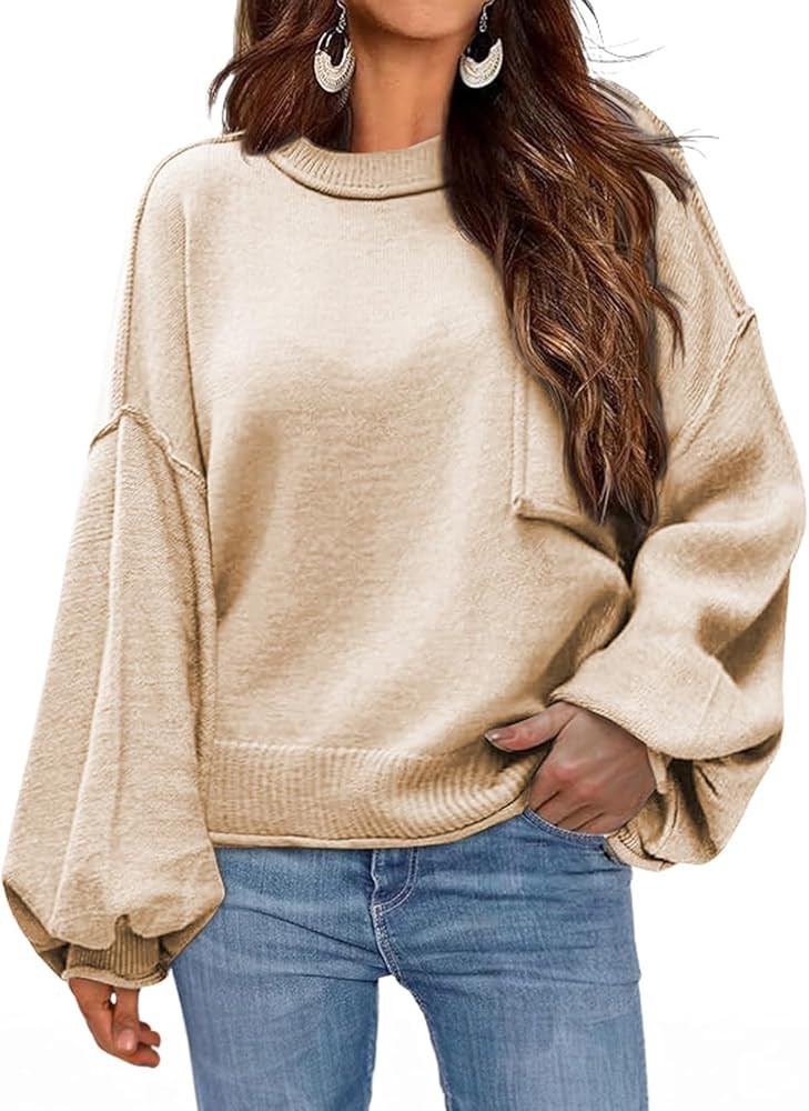 Dokotoo Women's Sweater 2024 Fall Winter Long Sleeve Casual Tops Ribbed Hem Knitwear Lantern Pull... | Amazon (US)